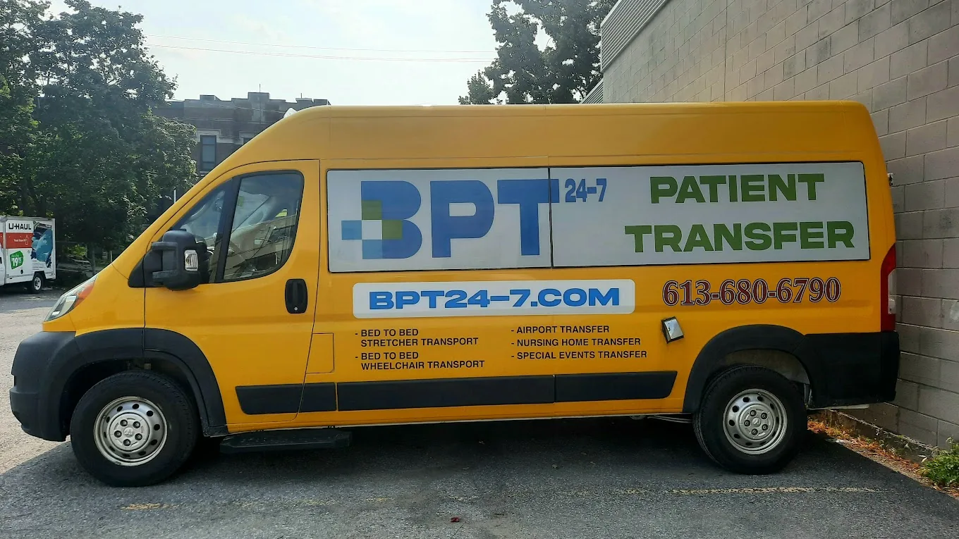 BPT24-7 yellow stretcher transport van in Ottawa, fully equipped for bed-to-bed non-emergency patient transfers
