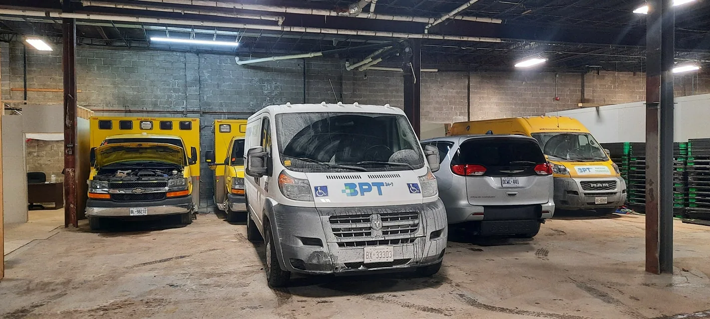 BPT24-7 fleet of non-emergency patient transfer vehicles — stretcher vans, BRODA reclining wheelchair units and accessible vehicles serving Ottawa